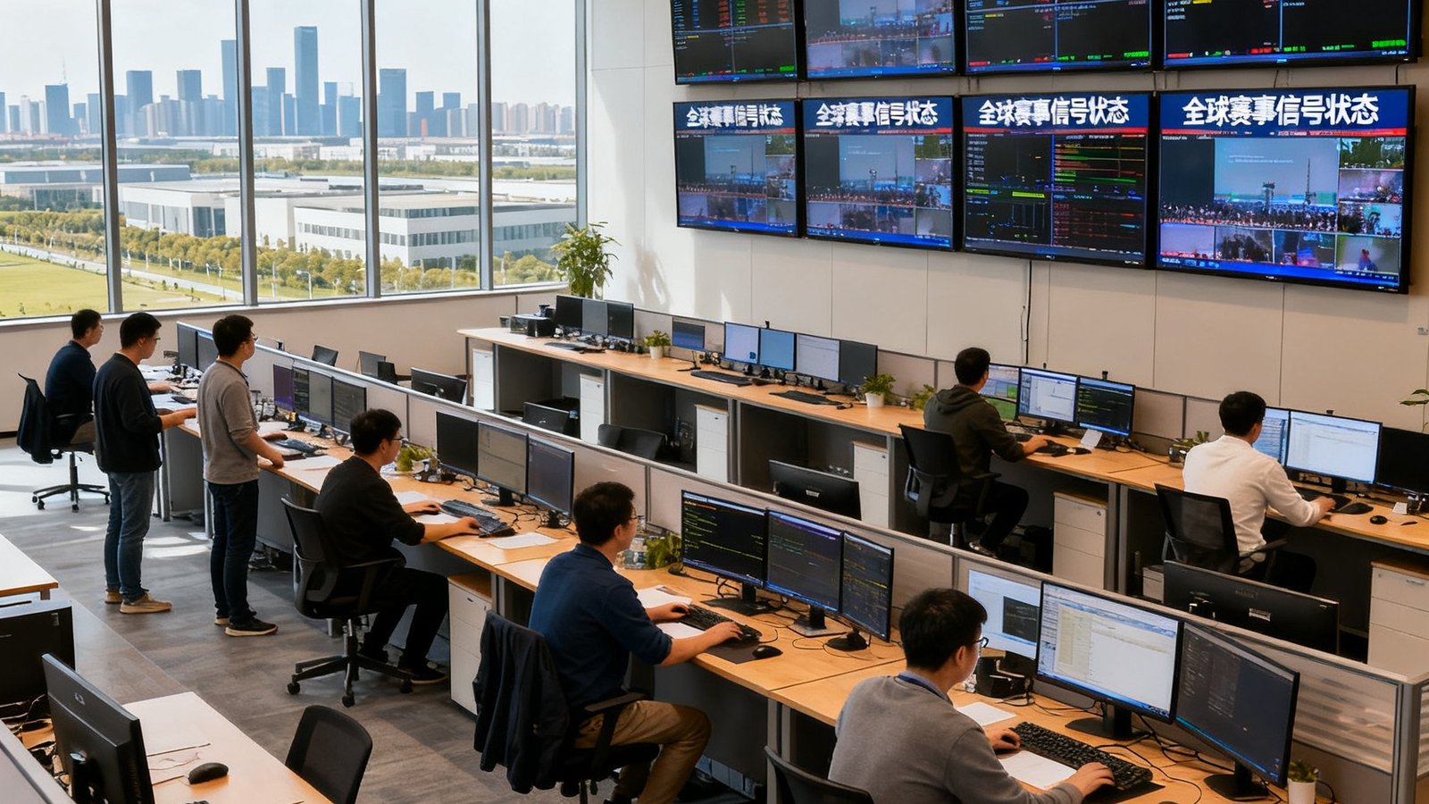 mk体育上海总部开放式办公区实景照片，宽敞明亮的空间内设有三排站立式办公桌，墙面上八块监控屏幕实时滚动全球赛事信号状态，十几位工程师正在专注工作，窗外可见张江高科技园区天际线