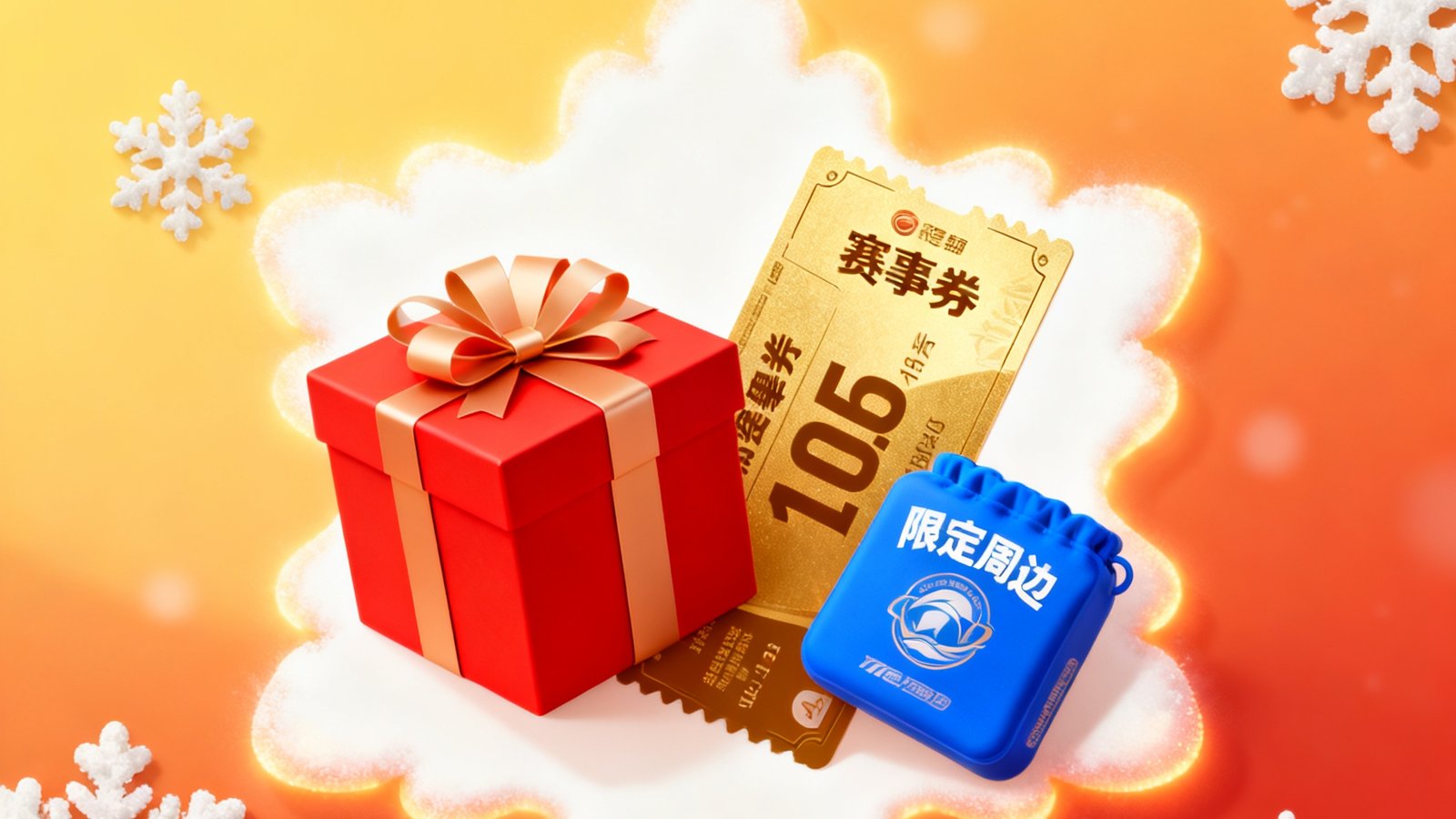 冬季用户福利活动宣传图，暖色调背景上展示礼品盒、赛事门票和限定周边产品，雪花装饰点缀四周