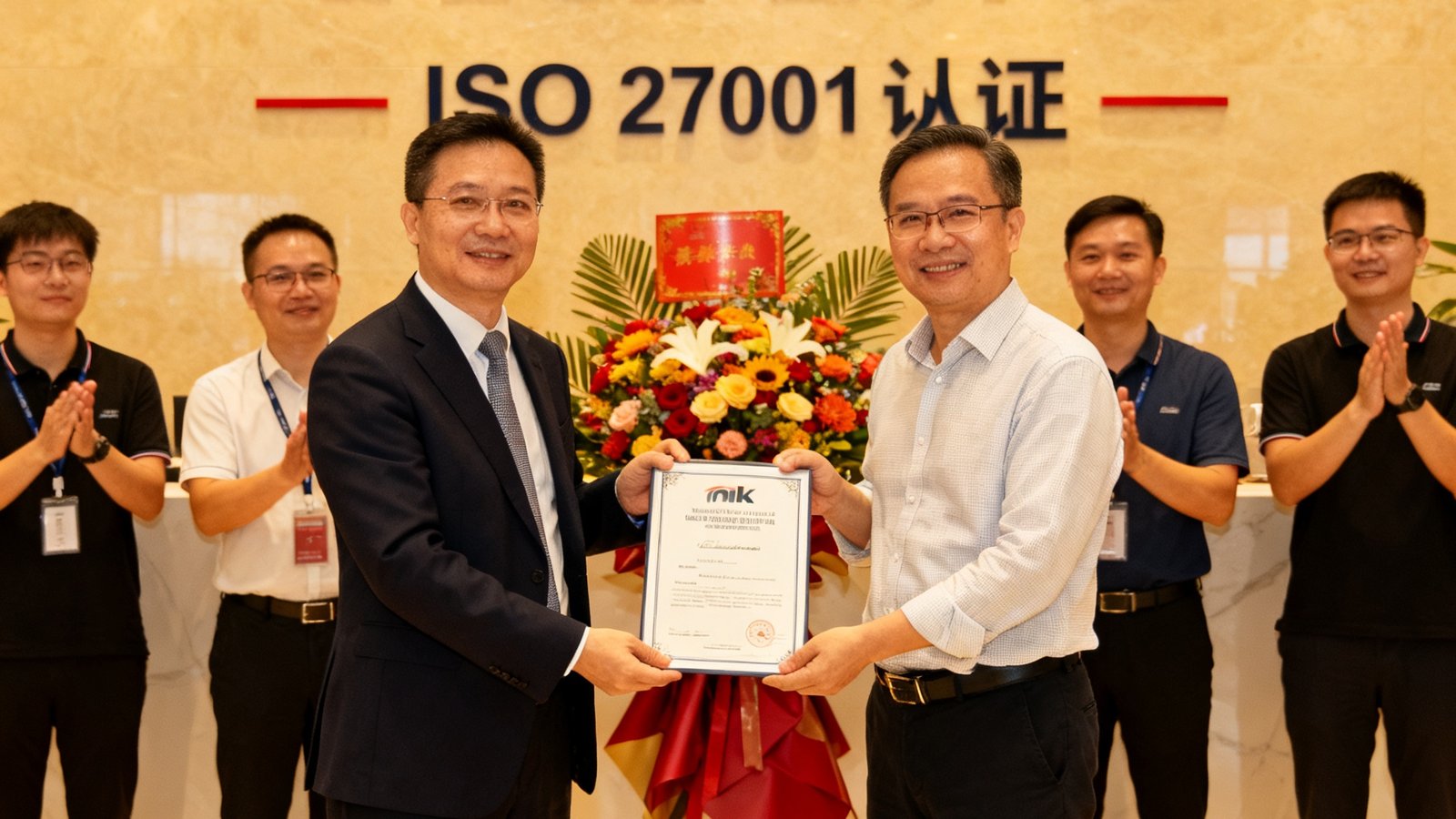 mk体育ISO 27001认证颁发仪式现场照片，公司CEO从认证机构代表手中接过证书，背景是mk体育logo墙和庆祝花篮，团队成员鼓掌祝贺